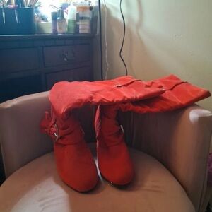 Source Unknown Red Over-The-Knee Buckle Heeled Boots